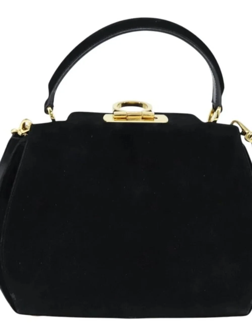 Salvatore Ferragamo Hand Bag Suede 2way Black Gold Auth BA7321